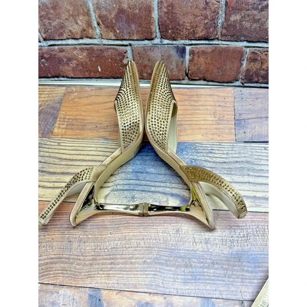 Halston Women's Hawaii Embellished Slingback Pointed Toe Heels Gold Rhinestone 8